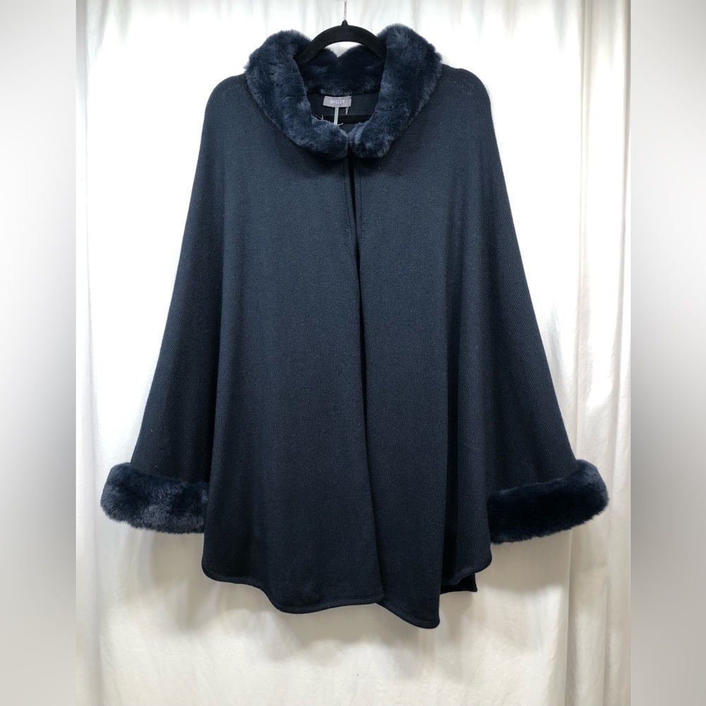 NWT BASLER Cardigan Poncho Cape Navy Blue Knit Faux Fur Size 44 US 12-14 XXL - Picture 16 of 16
